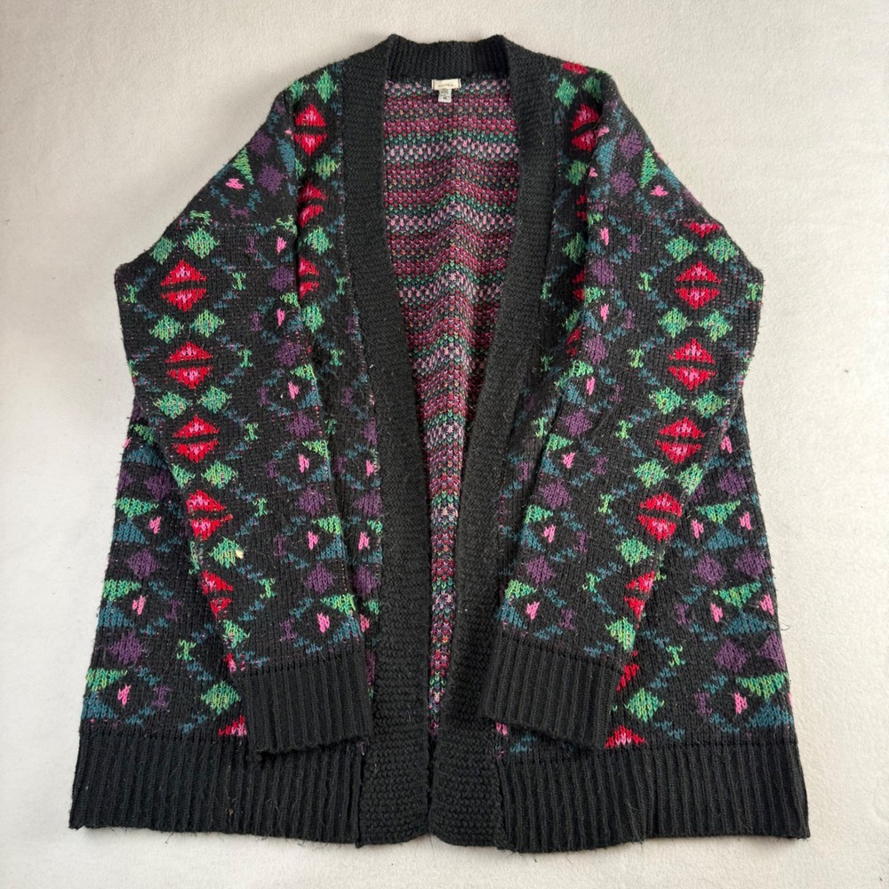 Ecote Urban Outfitters Womens M Black Geometric Fair Isle Open Front Cardigan